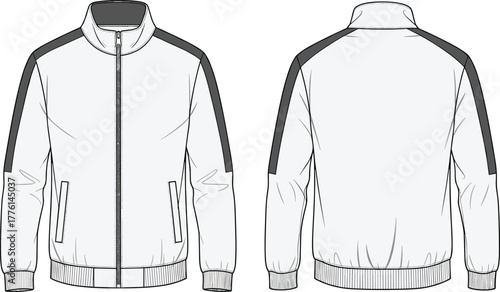 Men’s track jacket technical flat sketch vector illustration with sporty contrast panels, ribbed cuffs, zipper pockets, fashion apparel design template