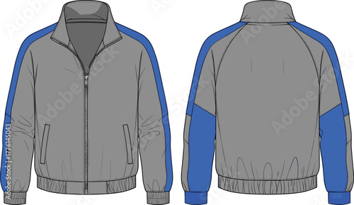 Modern gray and blue zip up sports jacket vector illustration with high collar, ribbed cuffs, stylish sleeves, athletic fashion design