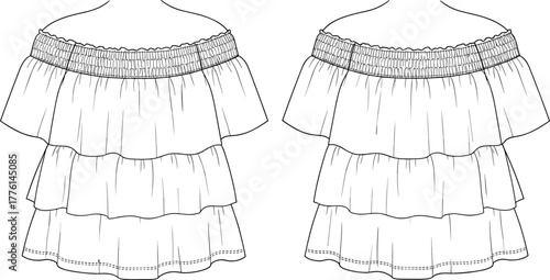 Off-the-shoulder tiered ruffle top fashion technical sketch front and back view garment design vector illustration for apparel template