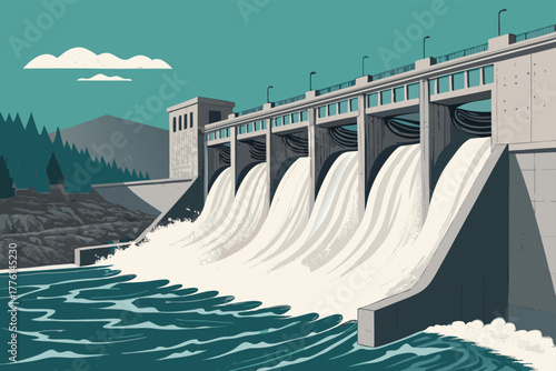 Massive spillway gates open, releasing torrents of water.