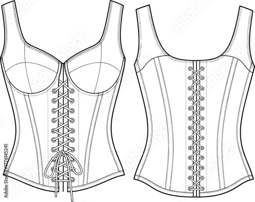 "Vector fashion illustration of corset top with lace up front and back, structured cups, straps, technical garment sketch design"