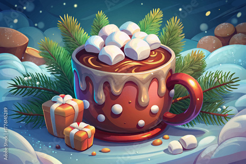 Hot honey lemon tea with rising steam placed on snowy balcony railing overlooking cold winter city view, symbolizing healing and warmth