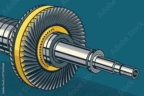 Close-up of rotating turbine blades, bold edges.