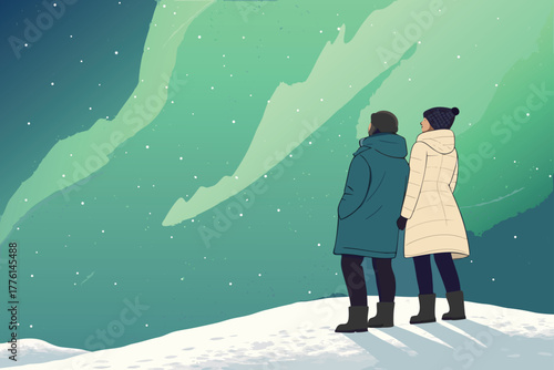 Couple marvels at aurora borealis on a snowy hill.