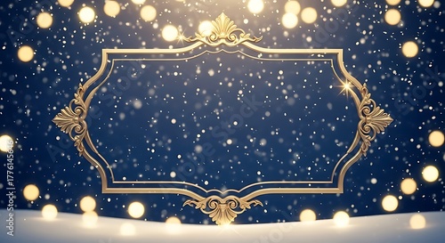 Ornate golden frame against a magical snowy night with glowing bokeh lights