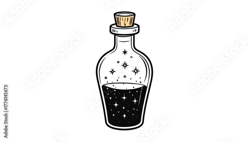 Black potion within a glass bottle, corked with a star-filled interior. Outlined, minimalist design against a white backdrop