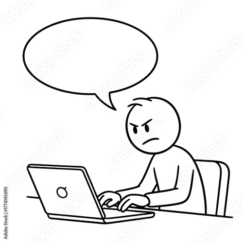 Business stick character frustrated while working on laptop with large speech bubble for text. Startup challenges theme.
