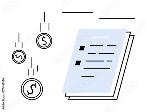Financial paper with lines and bullet points paired with falling coins representing money flow. Ideal for finance, accounting, budgeting, taxes, payments, income, expense forecasting. Simple flat