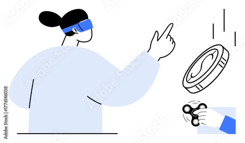Woman wearing VR glasses pointing at virtual objects thumbs up a coin and a spinning fidget toy. Ideal for technology, virtual reality, gadgets, digital interaction, gaming, innovation, education