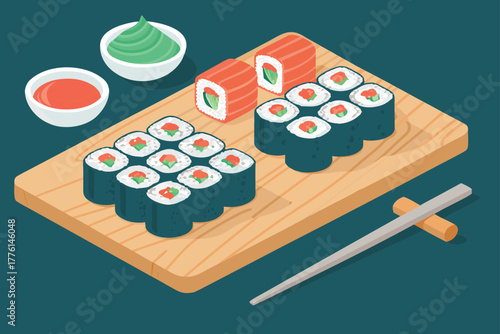 Sushi rolls assembled on a cutting board.