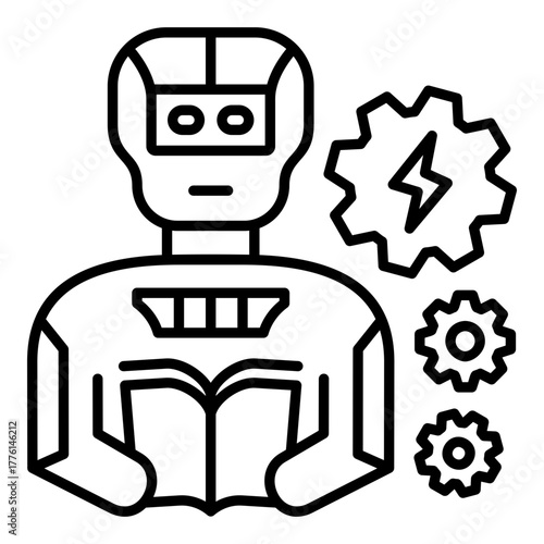Machine Learning and Knowledge Acquisition Icon. Robot Studying a Book with Power-Driven Gears - Concept for Deep Learning, Mechanical Innovation, and Algorithmic Training.