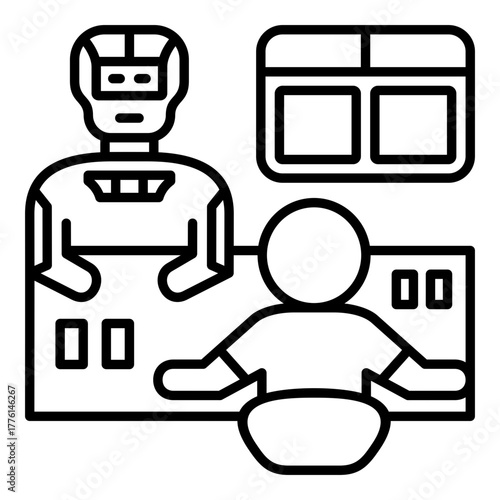 Robot Workplace Oversight Line Icon. Artificial Intelligence Supervising a Human Worker at a Desk - Concept for Automation of Management, Monitoring, and Digital Supervision