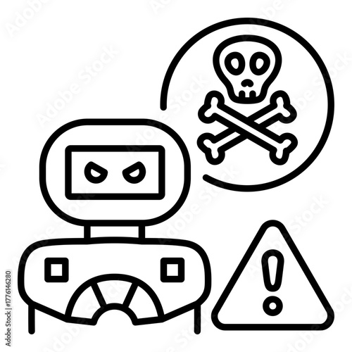 Malicious AI and Cyber Threat Warning Line Icon. Sinister Robot and Skull and Crossbones Symbol - Concept for AI Risk, Lethal Autonomous Weapons, and Dangerous Technology.