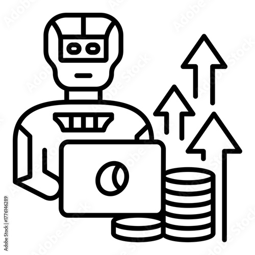 AI-Driven Financial Growth and Profitability Icon. Robot Computing Investment Data with Coins and Upward Arrows - Concept for Algorithmic Trading and Economic Returns
