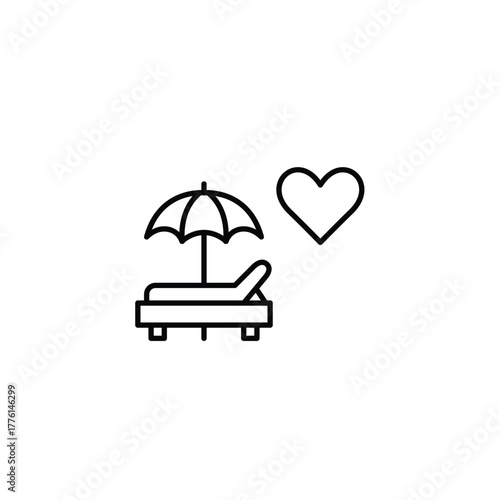Sun bed, umbrella and heart. Favorite vacation, travel and relaxation journey. Pixel perfect, editable stroke vector icon