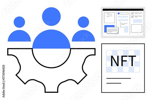 Teamwork represented by people icons inside a gear, NFT design document, and a workflow interface. Ideal for technology, teamwork, NFT, creativity, digital workflow, innovation business strategy