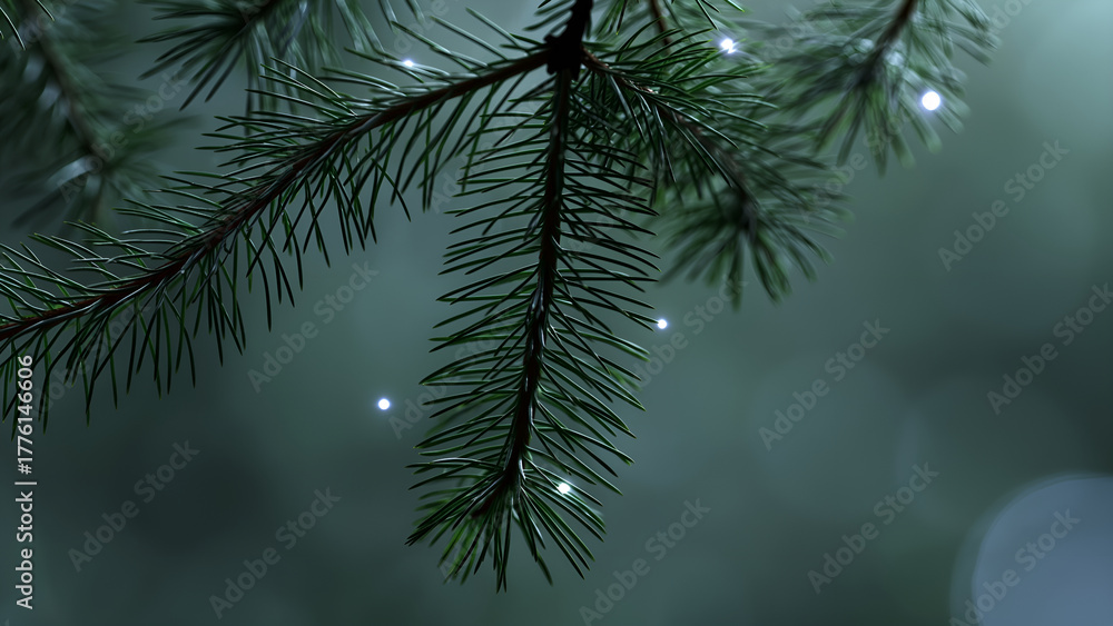 Obraz premium A close-up view of an evergreen branch featuring sharp needles and soft glowing lights in a blurred background.