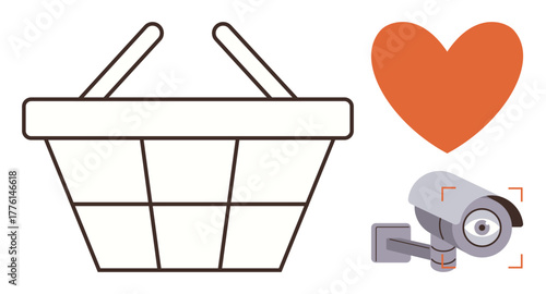 Shopping basket, red heart, and security camera indicate consumer shopping experience, safety, and preferences. Ideal for retail, e-commerce, marketing, analytics privacy safety and customer
