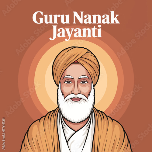 Guru Nanak Jayanti Celebration with Portrait of Guru Nanak in Traditional Attire