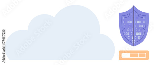 Large cloud paired with a shield featuring binary code, symbolizing data protection, and a loading bar illustrating progress. Ideal for cybersecurity, cloud storage, backup, safety, technology
