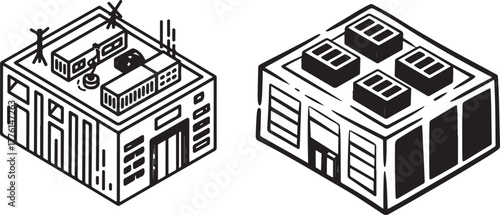 Isometric Data Center Building Icon Set, Outline Vector for Hosting, Server Room, and IT Infrastructure