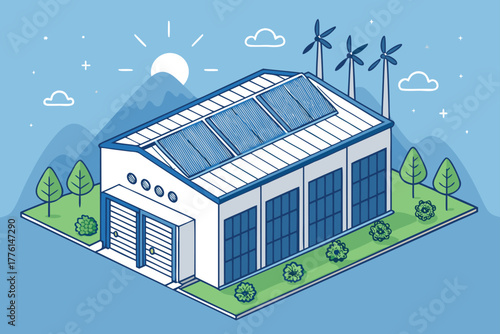 Eco data center powered by solar energy, flat design.