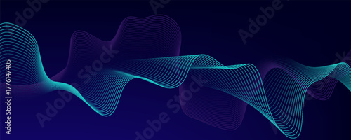 Abstract glowing wave lines on dark blue background. Dynamic wave pattern. Modern flowing wavy lines. Futuristic technology concept. Suit for banner, poster, cover, brochure, flyer, website