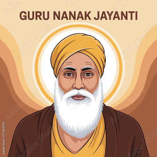 Guru Nanak Jayanti Celebration with Portrait of Guru Nanak in Traditional Attire