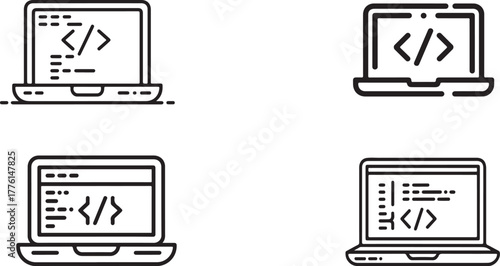 Programming and Coding Laptop Icon Set, Outline Vector for Web Development and Software EngineerProgramming and Coding Laptop Icon Set, Outline Vector for Web Development and Software Engineer