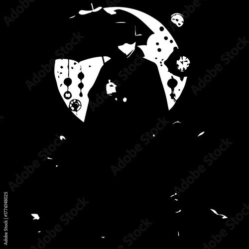Stylized Silhouette of a Person Holding an Umbrella with Abstract Elements