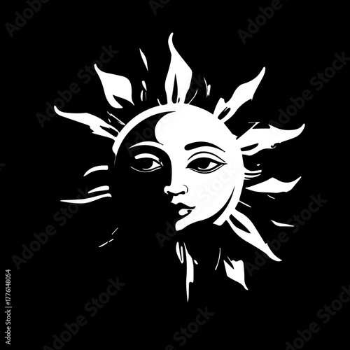 Stylized Sun Face with Fiery Rays and Expressive Eyes