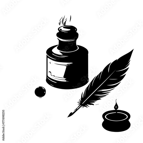 Antique Quill Pen, Inkwell, and Ink Spot Illustration in Black and White