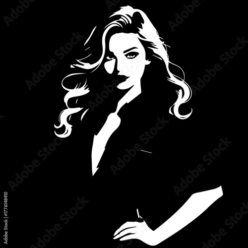Elegant woman's portrait with flowing hair, confident gaze, and bold black and white graphic style.