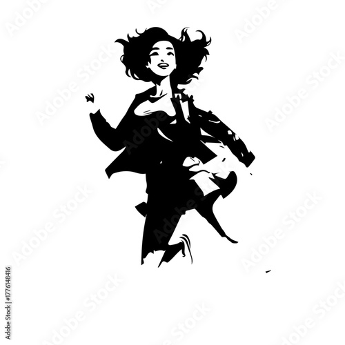 Energetic black and white graphic of a joyful woman jumping with arms up and flowing hair.