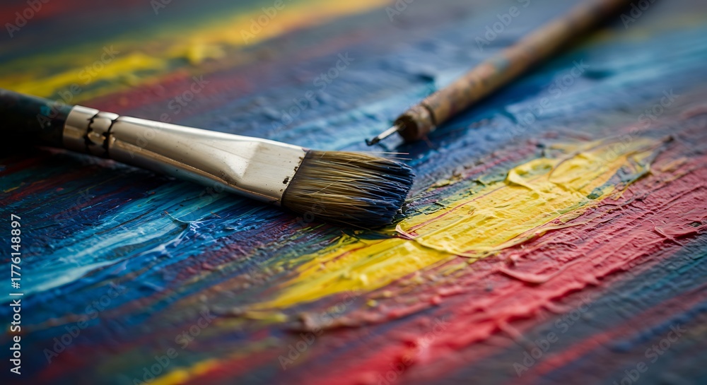 Fototapeta premium Paintbrushes lie on a vibrant canvas with streaks of blue, yellow, and red paint