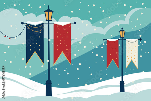 Festive street banners flutter in a snowy winter wind.