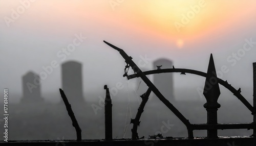 Sunrise Over Barbed Fence At A Foggy Cemetery, Haunting Iron Boundary At Dawn