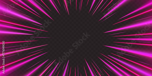 Pink neon light rays bursting from center on dark background - radial zoom speed effect with glowing lines. Dynamic motion burst for modern futuristic or cyberpunk poster designs. Comic manga bg.