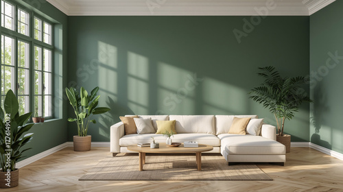 A bright, contemporary living room design featuring a sofa, armchair, and table with natural light from a window