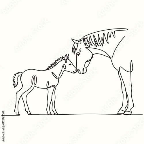 Minimalist Continuous Line Drawing of a Mother Horse Nuzzling Her Foal in a Tender Embrace