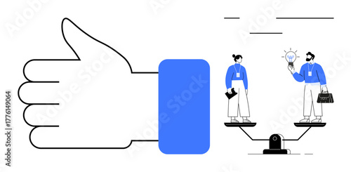 Large thumbs-up symbol beside two individuals balanced on scales, symbolizing teamwork, equality, and ideas. Ideal for teamwork, balance, leadership, collaboration, decision-making equality