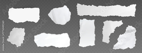 White torn paper cutout sheet set with ripped irregular edges. Various note pieces in different shapes - rectangular strips, square fragments and crumpled forms for scrapbooking or collage design.