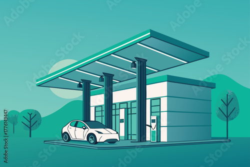 Futuristic electric vehicle charging hub with sleek design.