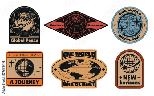 Y2k globe sticker set with world icon and earth planet badges for retro travel designs. Vintage patches with wireframe spheres and text. Nostalgic exploration emblems with global unity themes.