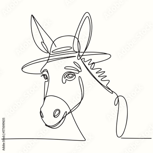A single continuous line drawing of a donkey's head wearing a stylish fedora hat, minimalist farm animal portrait