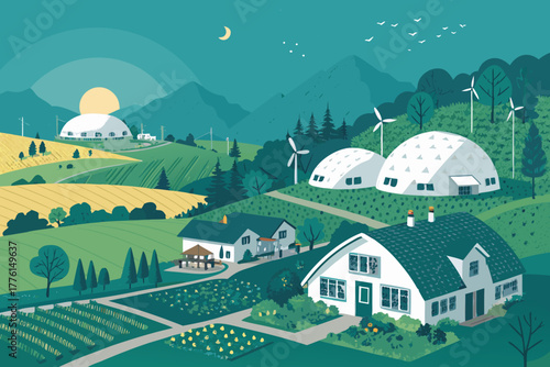 Futuristic eco village amidst lush farmlands.