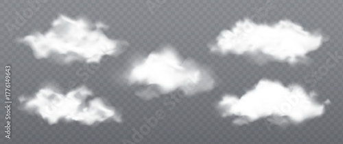 Fluffy cloud elements with transparent sky and white vector shapes for weather designs. Soft atmospheric formations with misty edges and realistic shadows. Isolated digital cumulus collection.