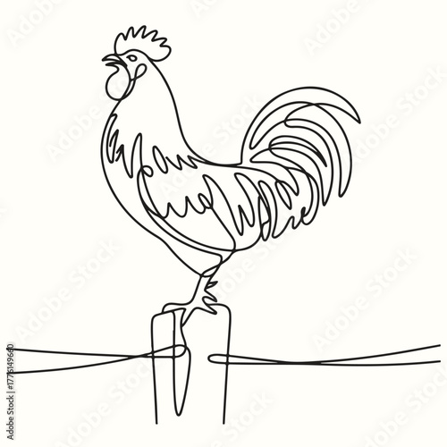 Elegant Rooster Silhouette One-Line Art Depicting a Crowing Cockerel Perched atop a Post for Design Elements