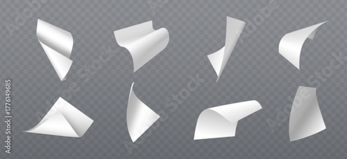 Falling blank paper sheets set isolated on transparent background. Vector realistic illustration of empty white pages flying in air with folded edges and soft shadows, letter mockup, draft document