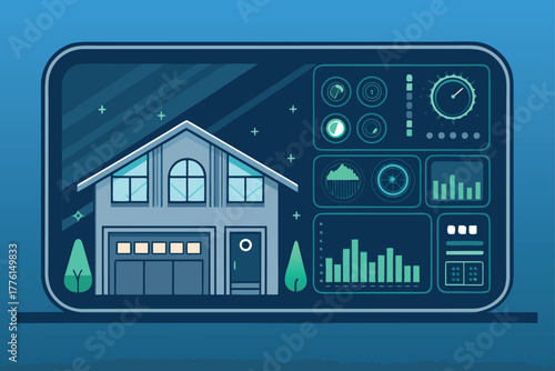 Futuristic smart home dashboard displays energy usage data.